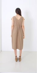Linen Midi Dress With Wide Collar Neckline And Front Button Closure