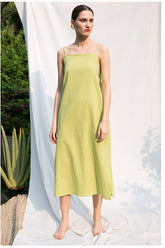 Sleeveless Square Neck Midi Dress in Lightweight Linen with Adjustable Back Tie Detail