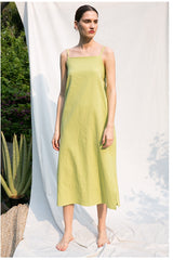 Sleeveless Square Neck Midi Dress in Lightweight Linen with Adjustable Back Tie Detail