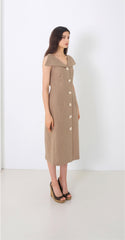 Linen Midi Dress With Wide Collar Neckline And Front Button Closure
