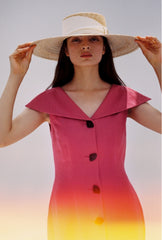 Midi Linen Dress with Oversized Collar and Contrast Button Front Closure