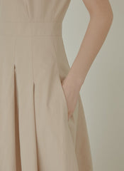 Sleeveless Linen Midi Dress with Fitted Bodice, Flared Hem, and Seam Detailing for Structure