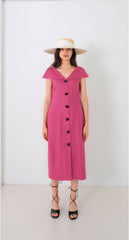 Midi Linen Dress with Oversized Collar and Contrast Button Front Closure