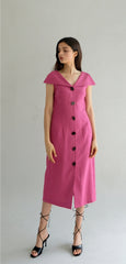 Midi Linen Dress with Oversized Collar and Contrast Button Front Closure