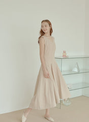 Sleeveless Linen Midi Dress with Fitted Bodice, Flared Hem, and Seam Detailing for Structure