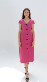 Midi Linen Dress with Oversized Collar and Contrast Button Front Closure