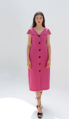 Midi Linen Dress with Oversized Collar and Contrast Button Front Closure