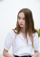 Linen Blouse with Notch Collar and Puff Sleeves for Lightweight Tailored Summer Elegance