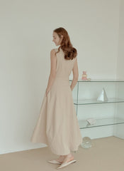 Sleeveless Linen Midi Dress with Fitted Bodice, Flared Hem, and Seam Detailing for Structure