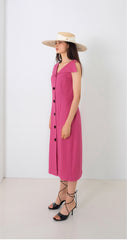 Midi Linen Dress with Oversized Collar and Contrast Button Front Closure