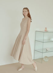 Sleeveless Linen Midi Dress with Fitted Bodice, Flared Hem, and Seam Detailing for Structure