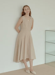 Sleeveless Linen Midi Dress with Fitted Bodice, Flared Hem, and Seam Detailing for Structure