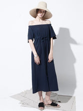 Off-Shoulder Midi Linen Dress with Waist Tie and Short Sleeves for Effortless Summer Style