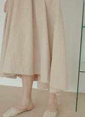 Sleeveless Linen Midi Dress with Fitted Bodice, Flared Hem, and Seam Detailing for Structure