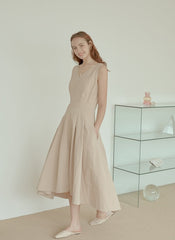 Sleeveless Linen Midi Dress with Fitted Bodice, Flared Hem, and Seam Detailing for Structure