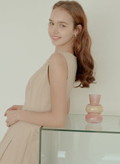 Sleeveless Linen Midi Dress with Fitted Bodice, Flared Hem, and Seam Detailing for Structure