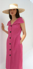 Midi Linen Dress with Oversized Collar and Contrast Button Front Closure