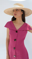 Midi Linen Dress with Oversized Collar and Contrast Button Front Closure