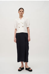 Double-Breasted Linen Blouse with Puff Sleeves and Notched Lapel for Elegant Outfits