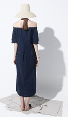 Off-Shoulder Midi Linen Dress with Waist Tie and Short Sleeves for Effortless Summer Style