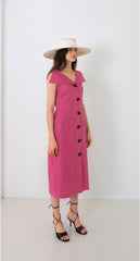 Midi Linen Dress with Oversized Collar and Contrast Button Front Closure