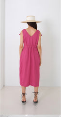 Midi Linen Dress with Oversized Collar and Contrast Button Front Closure