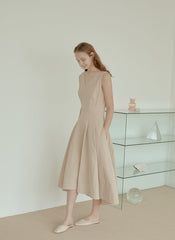 Sleeveless Linen Midi Dress with Fitted Bodice, Flared Hem, and Seam Detailing for Structure