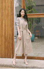 Sleeveless Linen Midi Dress with Adjustable Straps and Tiered Ruffle Hem