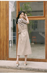 Sleeveless Linen Midi Dress with Adjustable Straps and Tiered Ruffle Hem