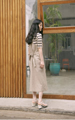 Sleeveless Linen Midi Dress with Adjustable Straps and Tiered Ruffle Hem