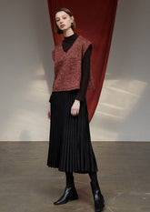 High-Waisted Pleated Silk Midi Skirt for Women with Elastic Waistband – Elegant Evening Bottom