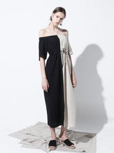 Off-Shoulder Colorblock Midi Dress in Breathable Linen with Shirred Neckline and Tie Waist