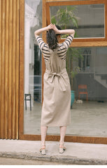 Sleeveless Linen Midi Dress with Adjustable Straps and Tiered Ruffle Hem