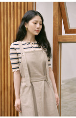 Sleeveless Linen Midi Dress with Adjustable Straps and Tiered Ruffle Hem