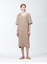 Elegant V-Neck Midi Dress in Breathable Pure Linen with Short Sleeves and Side Slits