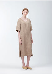 Elegant V-Neck Midi Dress in Breathable Pure Linen with Short Sleeves and Side Slits