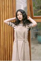 Sleeveless Linen Midi Dress with Adjustable Straps and Tiered Ruffle Hem