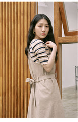 Sleeveless Linen Midi Dress with Adjustable Straps and Tiered Ruffle Hem