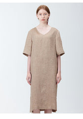Elegant V-Neck Midi Dress in Breathable Pure Linen with Short Sleeves and Side Slits