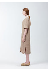Elegant V-Neck Midi Dress in Breathable Pure Linen with Short Sleeves and Side Slits