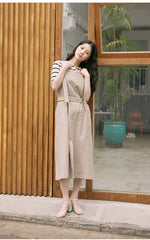 Sleeveless Linen Midi Dress with Adjustable Straps and Tiered Ruffle Hem