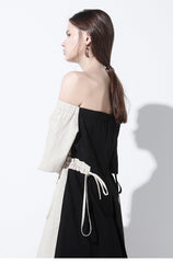 Off-Shoulder Colorblock Midi Dress in Breathable Linen with Shirred Neckline and Tie Waist