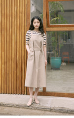 Sleeveless Linen Midi Dress with Adjustable Straps and Tiered Ruffle Hem