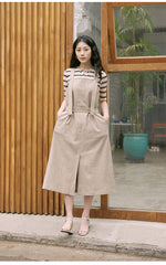 Sleeveless Linen Midi Dress with Adjustable Straps and Tiered Ruffle Hem