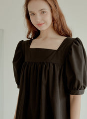 Cotton Poplin Mini Dress with Square Neckline, Puff Sleeves, and Pleated Hem Detailing