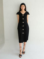 Linen Midi Dress with V-Neckline, Off-Shoulder Collar, and Statement Button Front