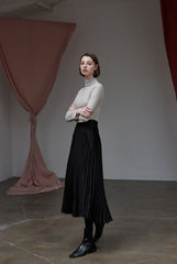 High-Waisted Pleated Silk Midi Skirt for Women with Elastic Waistband – Elegant Evening Bottom