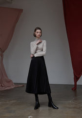 High-Waisted Pleated Silk Midi Skirt for Women with Elastic Waistband – Elegant Evening Bottom