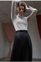 High-Waisted Pleated Silk Midi Skirt for Women with Elastic Waistband – Elegant Evening Bottom