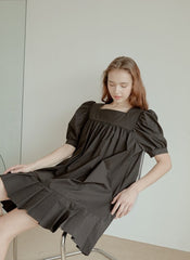 Cotton Poplin Mini Dress with Square Neckline, Puff Sleeves, and Pleated Hem Detailing